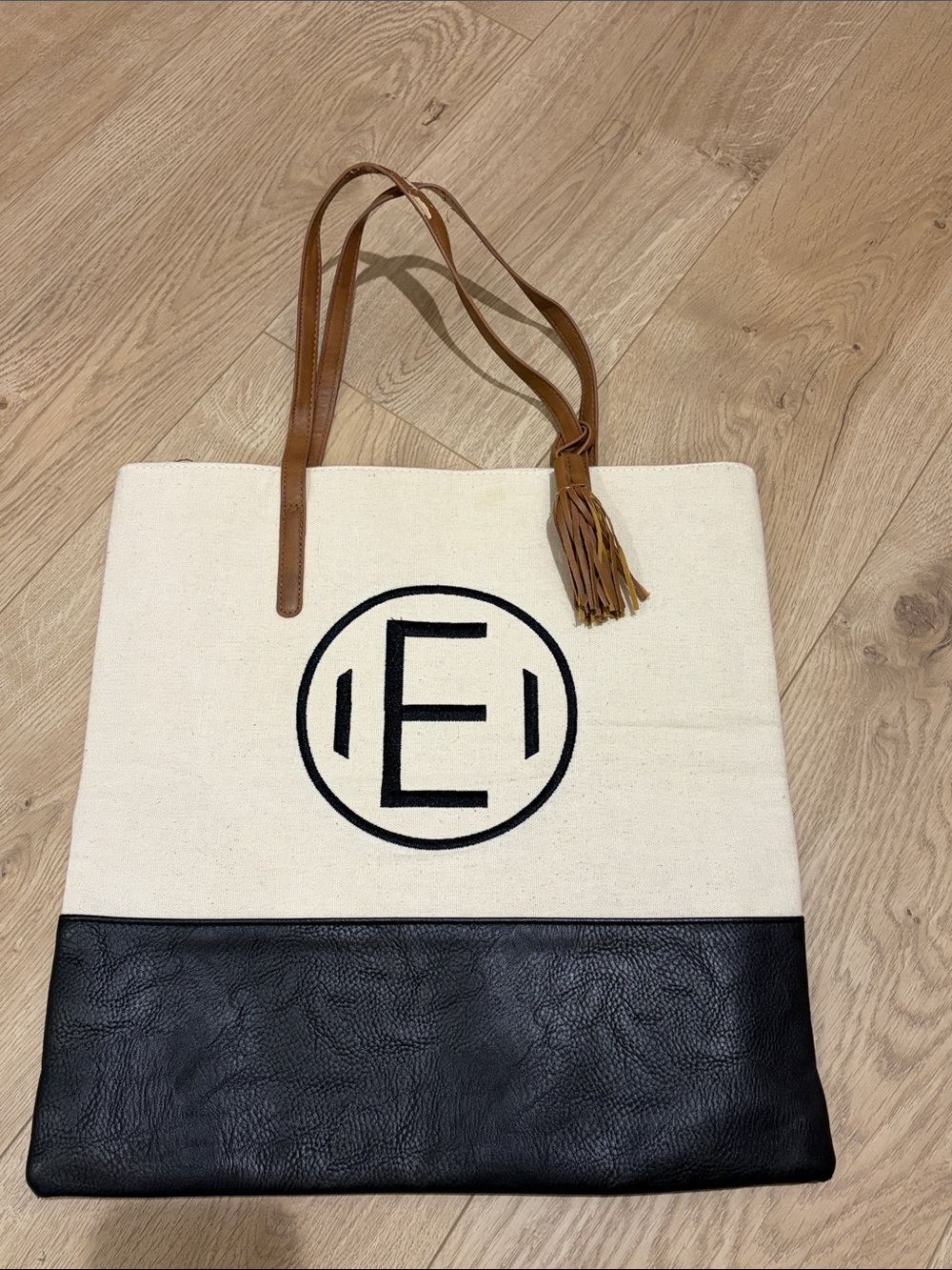 Canvas Tote Bag with Black Trim and Tan Straps